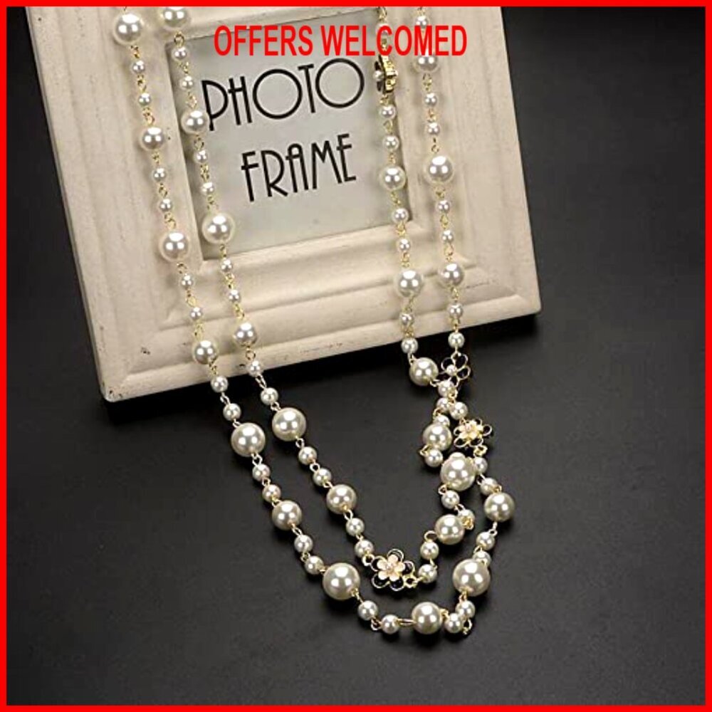 Long Layered Imitation Pearl Necklace with Clover Flower Charm, Adjustable - Picture 4 of 6